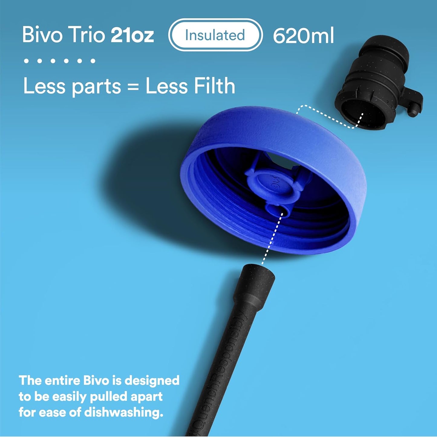 Bivo Trio 21oz Insulated Stainless Steel Bike Water Bottle - for Cycling - Fits Most Cages, Dishwasher Safe - Keeps Drinks Cold 12+ Hours - True Blue