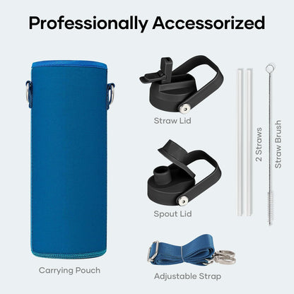 BUZIO 40oz Insulated Water Bottle, Triple Wall Vacuum Stainless Steel Water Flask with 2 lids, Lead-Free BPA-Free Straw Lid Sports Canteen Jug, Cold 48H & Hot 24H- Black - Colors B