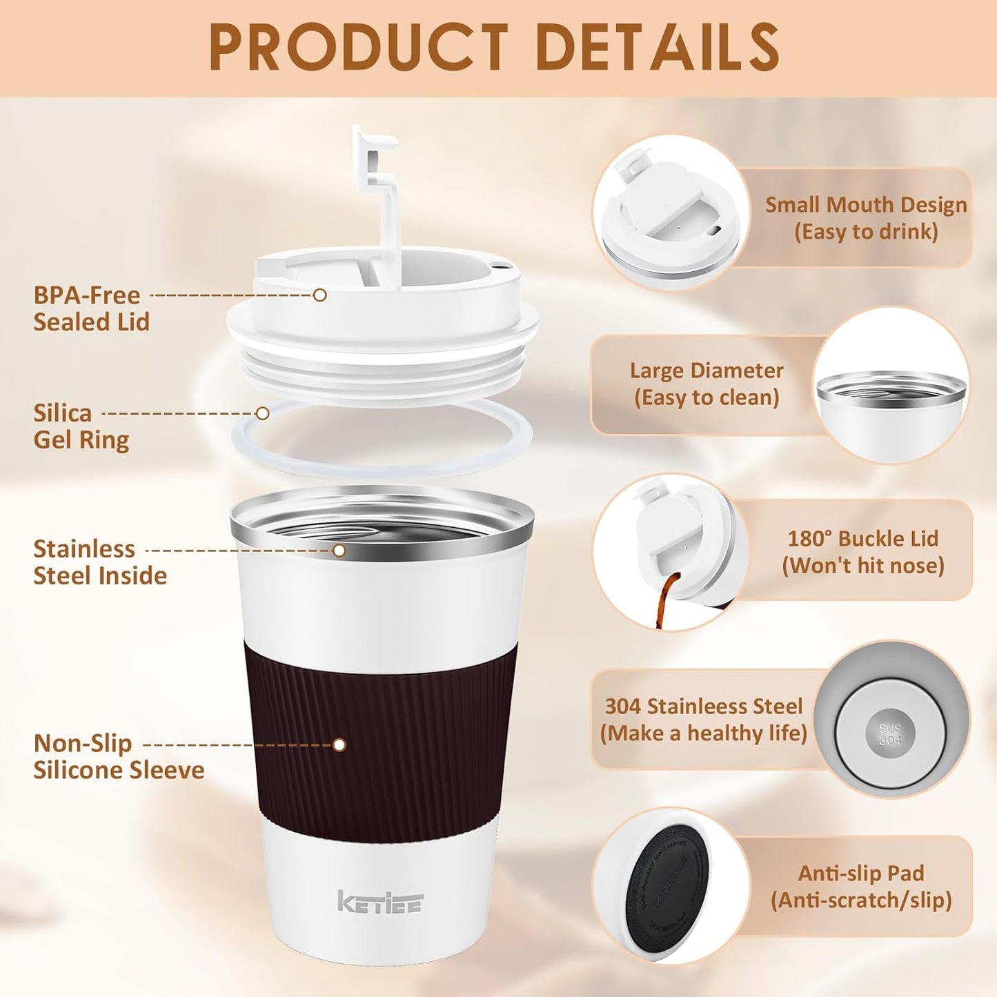 KETIEE Travel Coffee Mug Spill Proof 12oz, Insulated Travel Mug to Go, Reusable Coffee Cup with Seal Lid, Vacuum Stainless Steel Tumbler for Hot/Cold Drinks (Red)