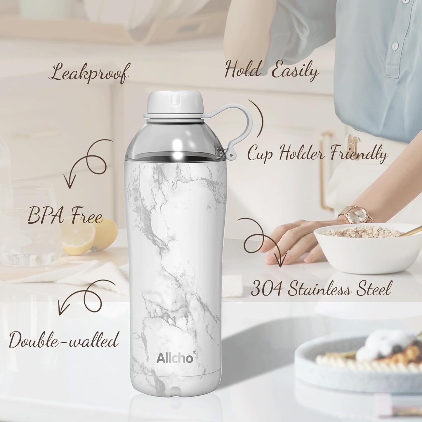 Allcho Insulated Water Bottle for Women, 18oz Stainless Steel Leak Proof Tumbler with 2 Lids, BPA-Free Tritan Chug & Straw Lid, Double Wall Vacuum Flask
