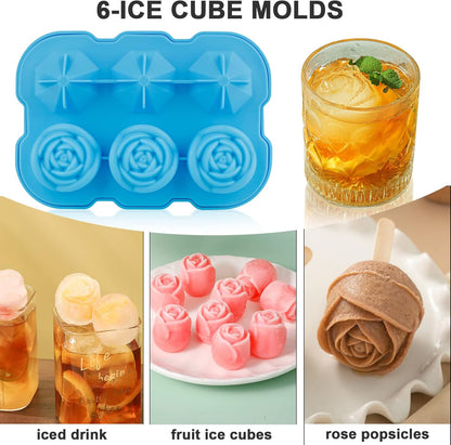 Ice Cube Tray, Mikiwon 2 inch Rose Ice Cube Trays With Covers, 3 Cavity Silicone Rose Ice Tray & 3 Diamond Ice Ball Maker, Easy Release Large Ice Cube Form for Chilled Cocktails, Whiskey Juice Black