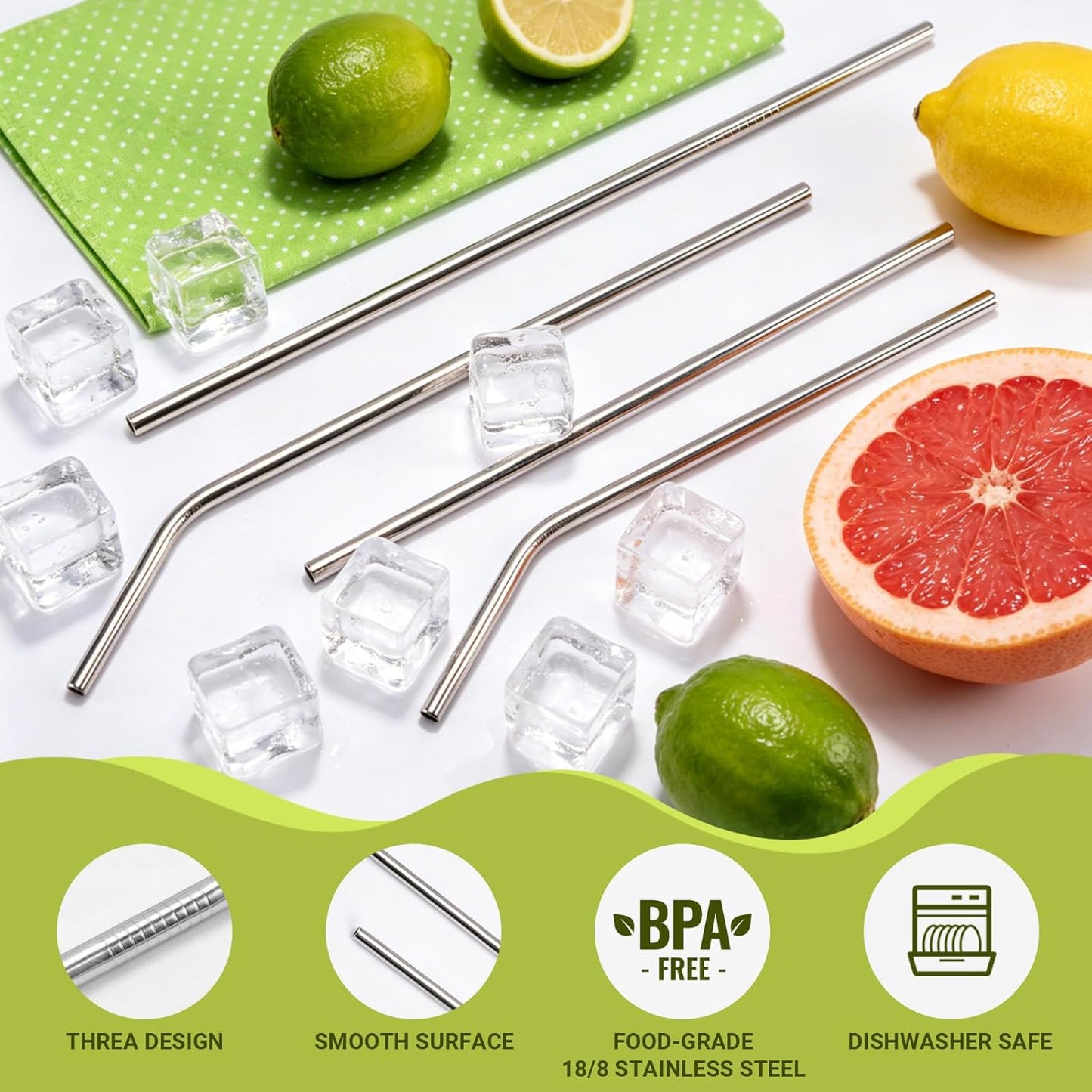 12 Pack Reusable Stainless Steel Metal Straws, 3 Straight + 3 Bent 10.5 Inch and 3 Straight + 3 Bent 8.5 Inch Metal Straws for 20 24 30 oz Tumblers Dishwasher Safe - 2 Cleaning Brushes Included