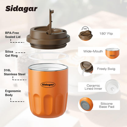 Travel Coffee Mug 10 oz Ceramic Lined Tumbler, Double Wall Stainless Steel Coffee Cup with Lid, Vacuum Spill Proof Mini Water Bottle, Insulated Thermal Mug for Home Office, Orange