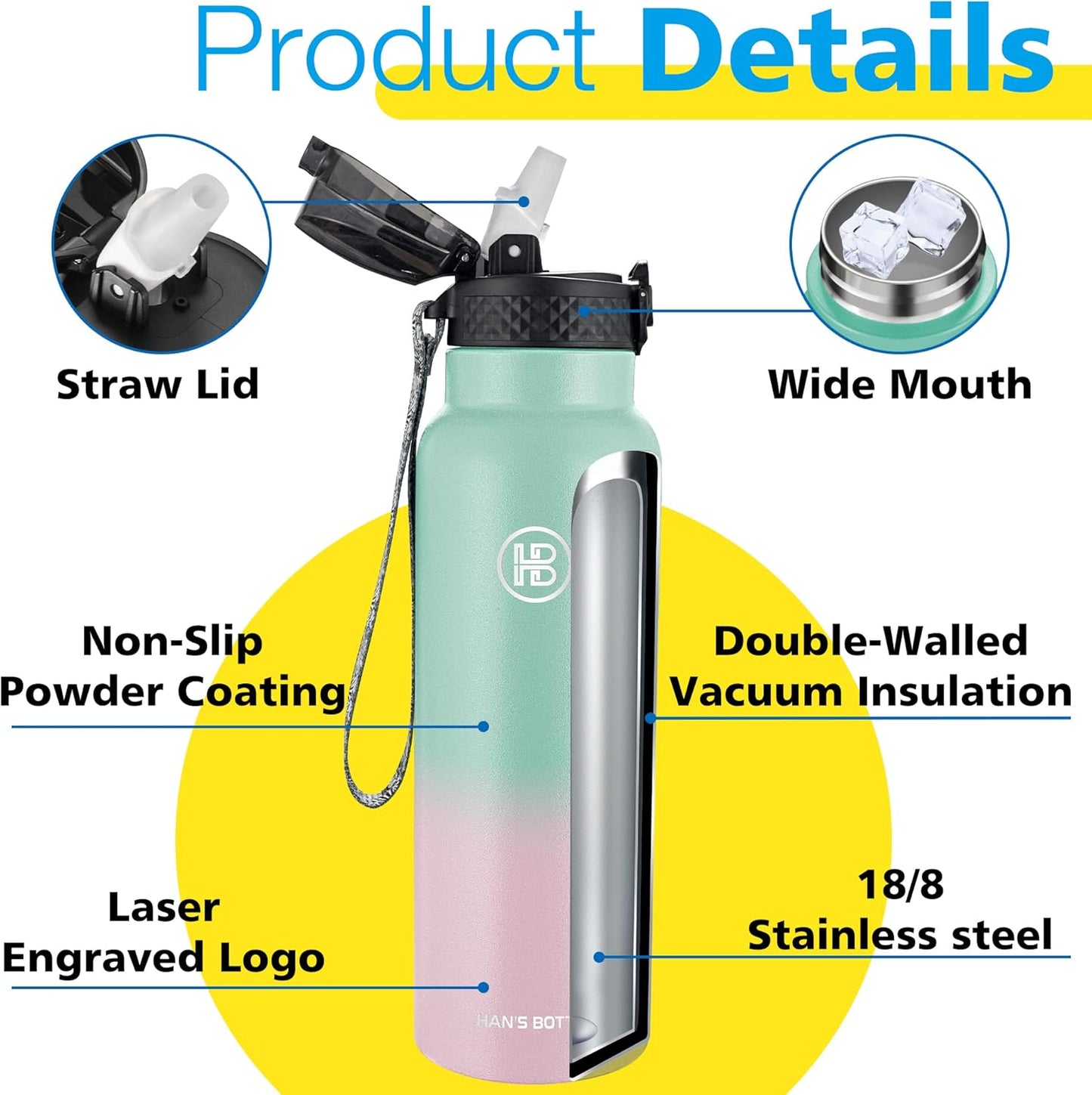 Han's Bottle Sports Water Bottle - 24 Oz, Straw Lid, Leak Proof, Vacuum Insulated Stainless Steel, Double Walled, Thermo Mug,Black