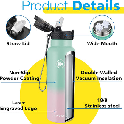 Han's Bottle Sports Water Bottle - 24 Oz, Straw Lid, Leak Proof, Vacuum Insulated Stainless Steel, Double Walled, Thermo Mug,Black