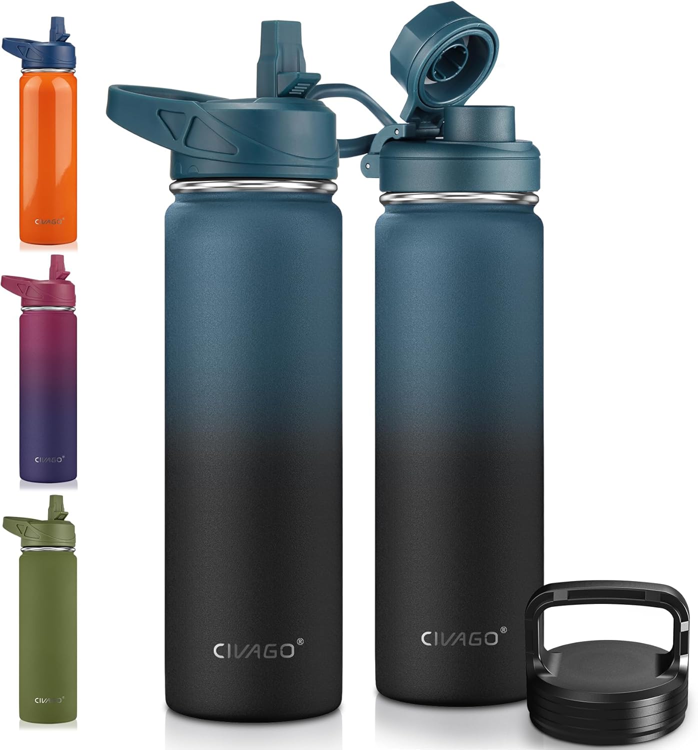 CIVAGO 32 oz Insulated Water Bottle With Straw, Stainless Steel Sports Water Cup Flask with 3 Lids (Straw, Spout and Handle Lid), Wide Mouth Travel Thermal Mug, Black