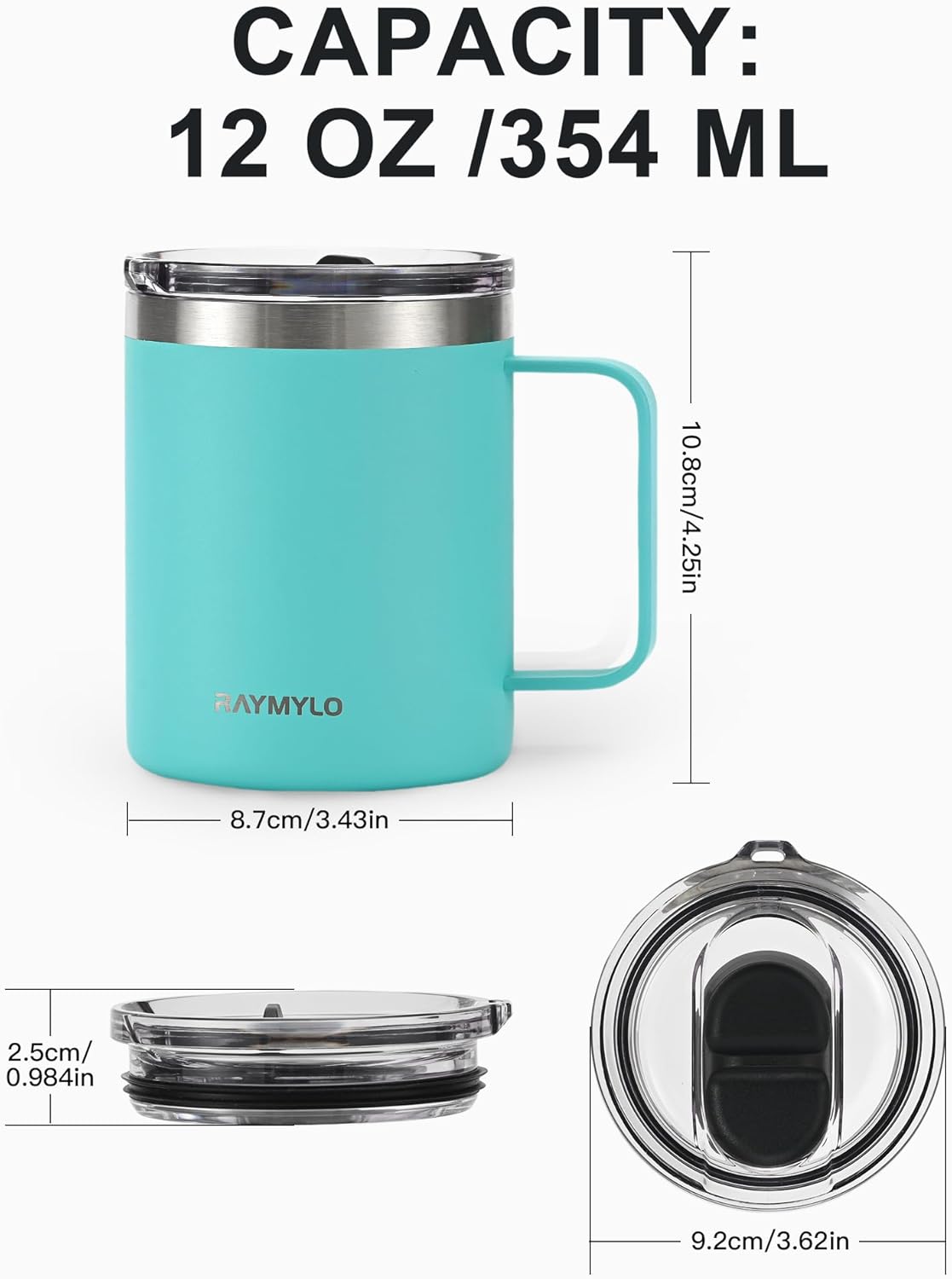 RAYMYLO Insulated Coffee Mug 12 oz, Double Wall Stainless Steel Coffee Mug with Lids, Leak-Proof & Detachable Slider Lid for Thorough Clean, Keeps Coffee Cold for 9 Hrs, Suitable for Camp Home Office