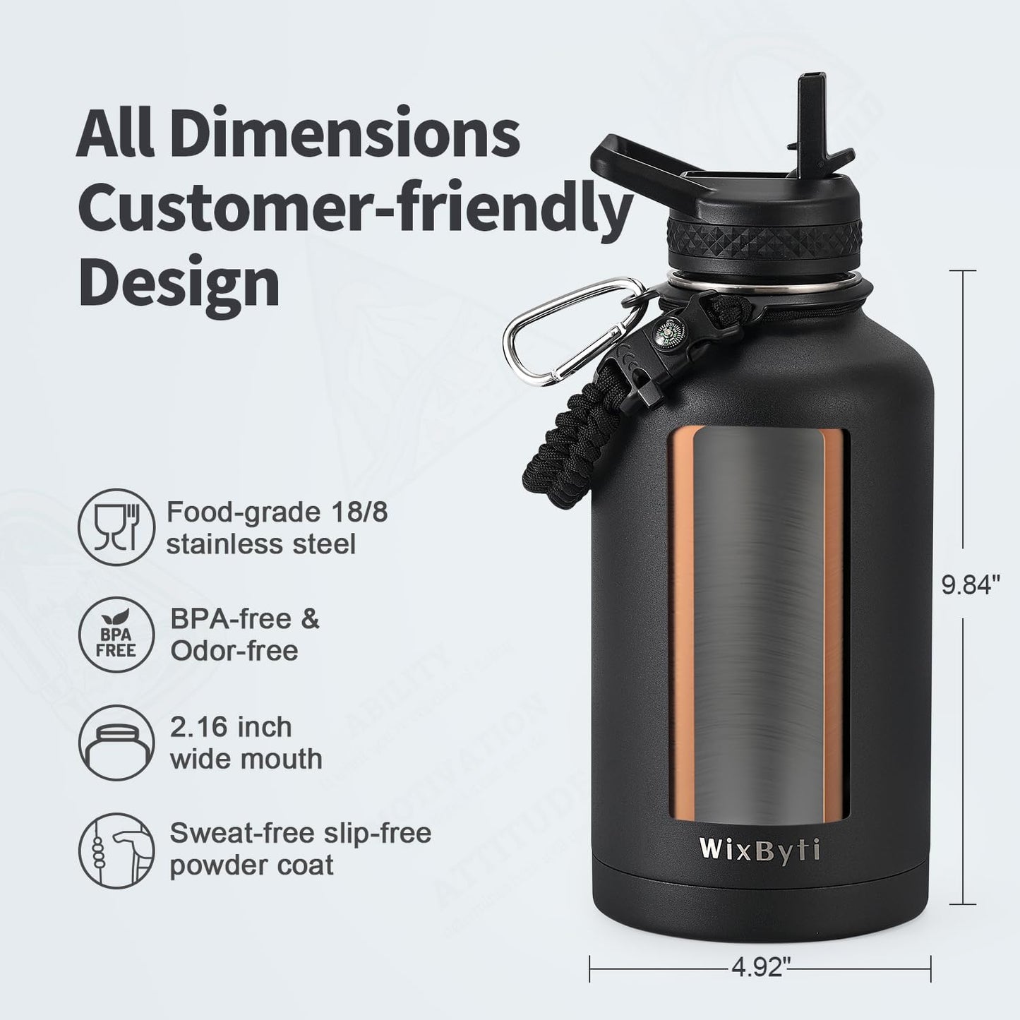 WixByti 40 oz Insulated Water Bottle with Straw (Cold for 36 Hrs), Stainless Steel Triple Wall Vacuum Sports Water Jug, Leakproof Hydro Cup Flask with Paracord Handle & Straw Spout Lids & DIY Stickers