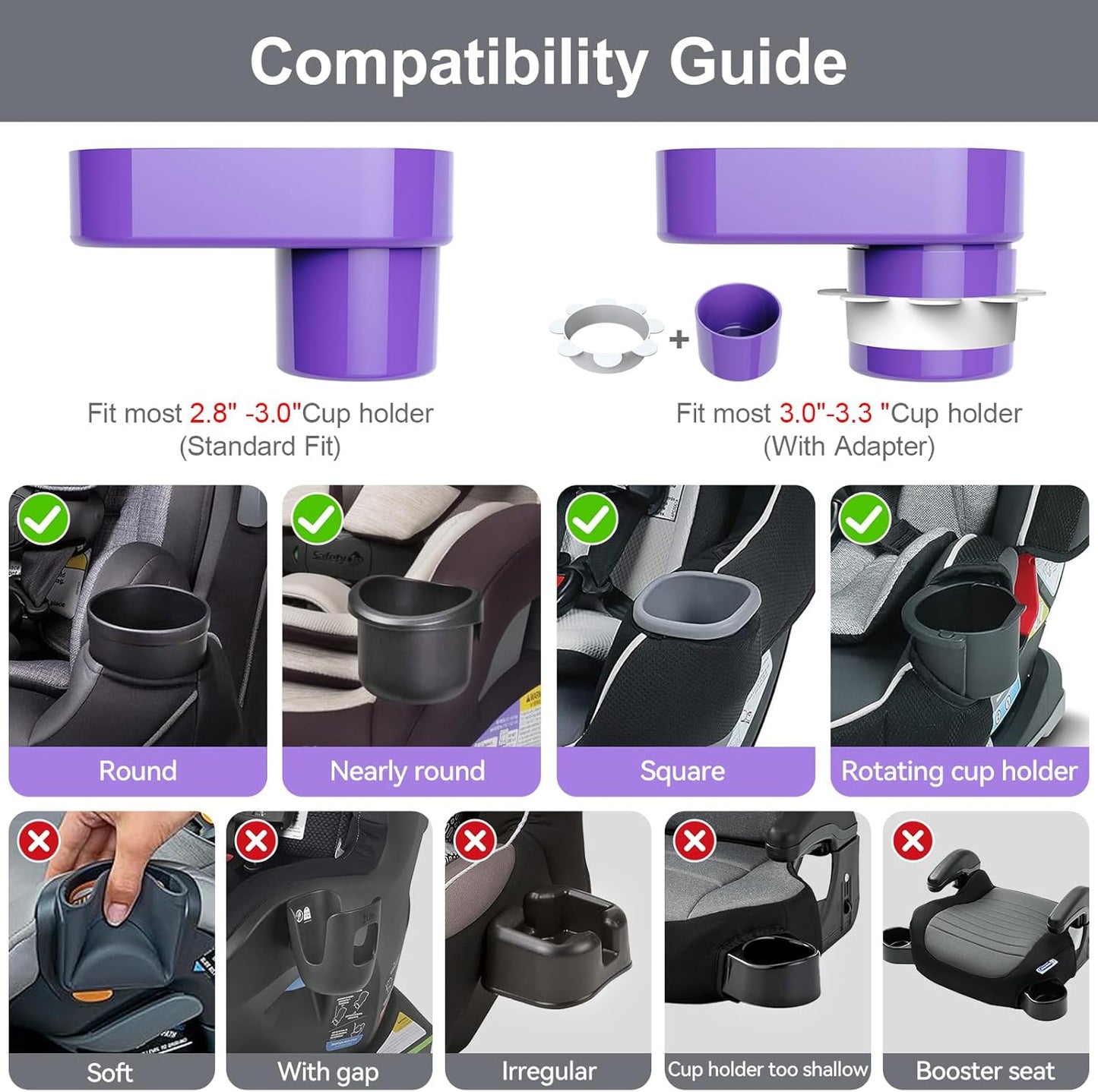 Car Seat Snack Tray for Toddlers - 3 Inch Cup Holder Fits Most Sippy Cups & Straw Bottles with Dip Well, Mess-Free Square Kids Travel Tray Road Trip Essentials, Black
