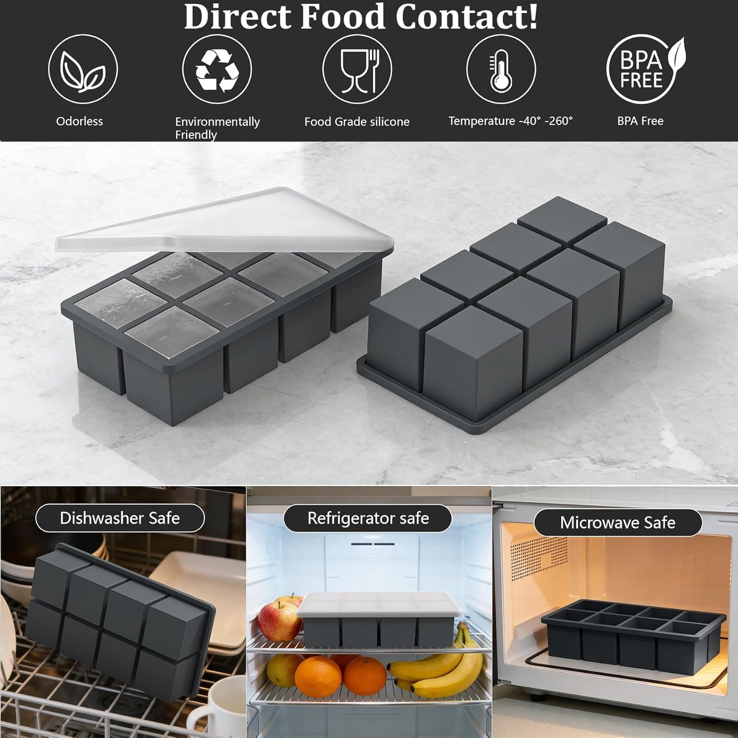 Bangp Large Ice Cube Tray for Whiskey,2 Pack Stackable Big Ice Cube Molds Make 16 Big Whiskey Ice Cubes,Easy Release Square Ice Cube Maker for Cocktails,Whiskey,Soups and Frozen Treats