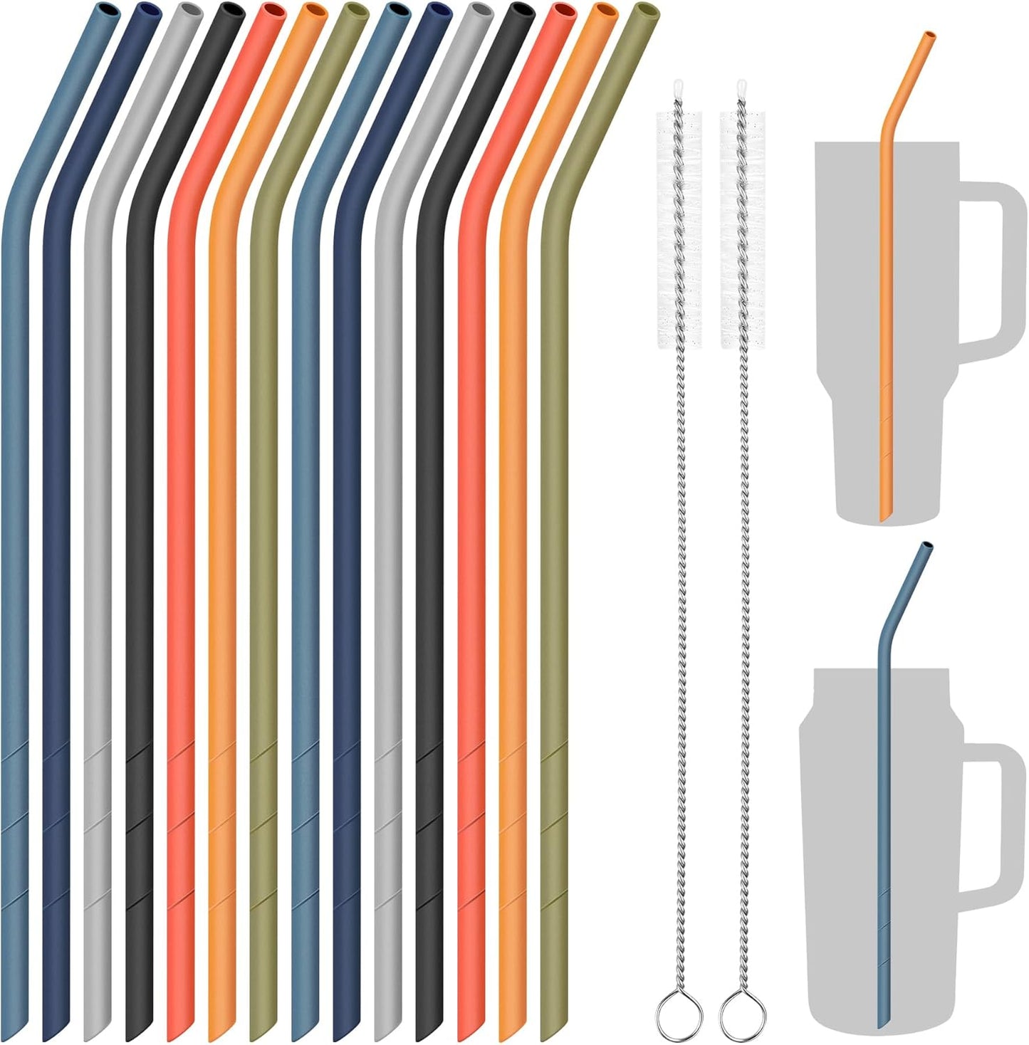 NiHome 14PCS Silicone Straws Fit for Stanley 40oz 30oz Tumbler, 14” Extra Long Reusable Drinking Straw, Flexible Can Cut Length for 1/Half Gallon 75 64 OZ Large Water Bottle - 2 Brushes (Rainbow)