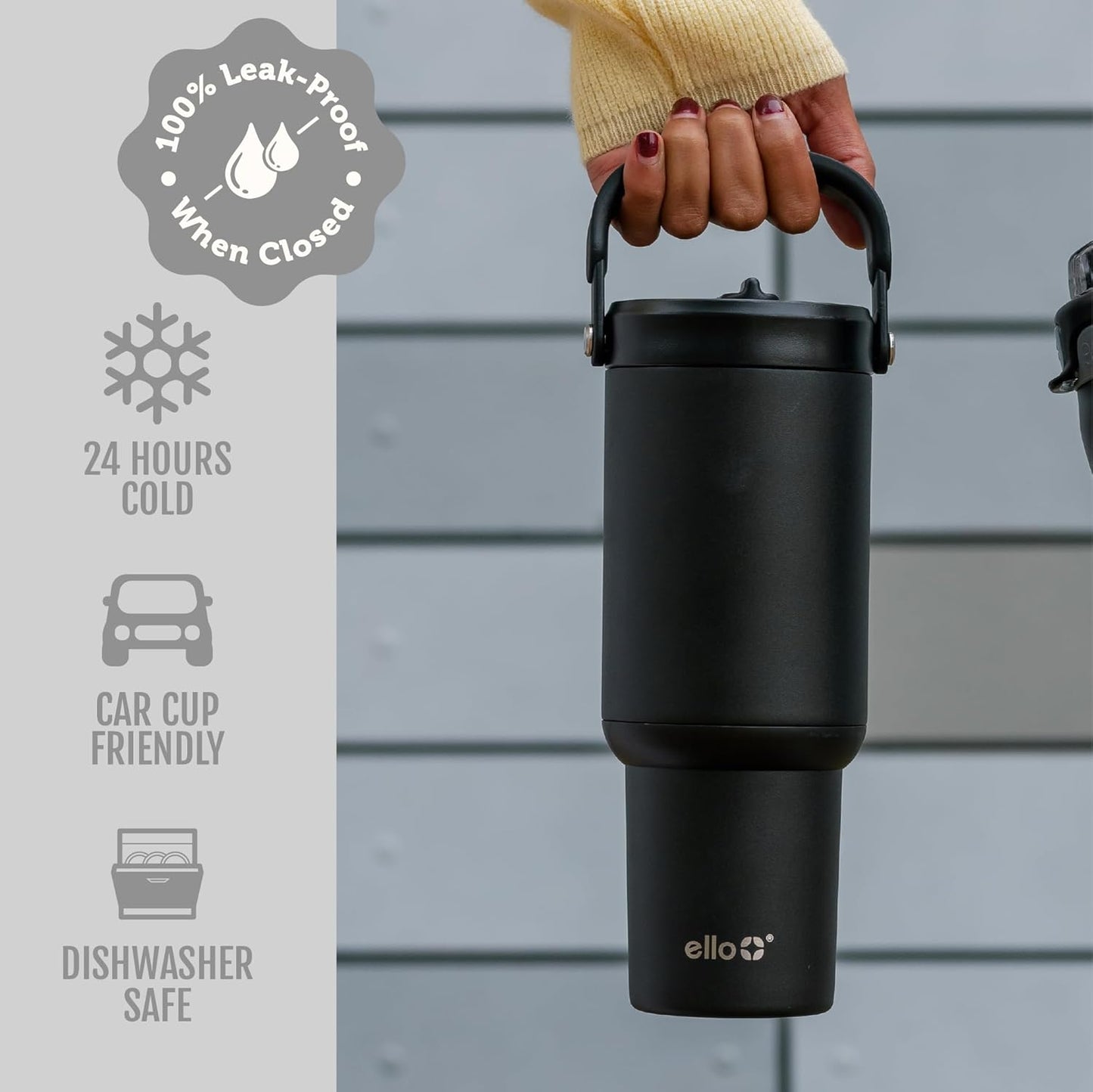 Ello Oasis Go+ 26oz Tumbler with Top Handle and Retracting Straw | Reusable Insulated Stainless Steel Cup, 100% Leakproof Water Bottle, 24 Hours Cold, Cup Holder Friendly For Travel | Wild Rasberry