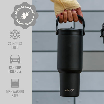 Ello Oasis Go+ 26oz Tumbler with Top Handle and Retracting Straw | Reusable Insulated Stainless Steel Cup, 100% Leakproof Water Bottle, 24 Hours Cold, Cup Holder Friendly For Travel | Wild Rasberry