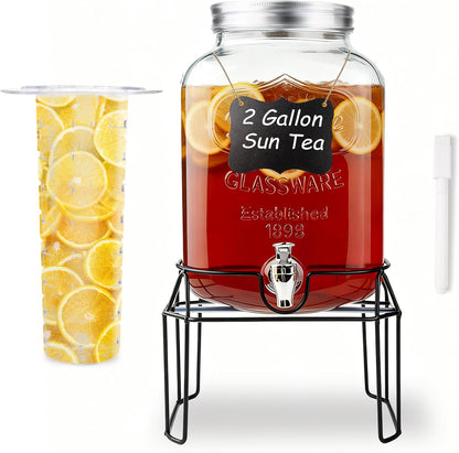 1 Gallon Glass Drink Dispensers For Parties-Set of 2,Drink Dispenser with Fruit Infuser & Stand,Juice or Beverage Dispenser for BBQ, Picnic, Party,Laundry Detergent Dispenser