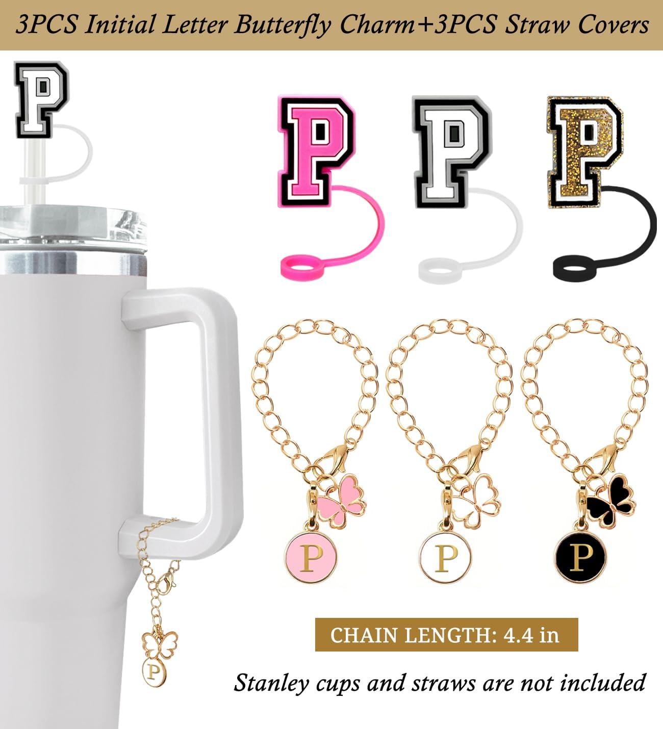 （3 +3) 3PCS Nuozme Straw Cover 10mm For Stanley Tumbler Cup Reusable Straw Cap Topper with 3 Initial Letter Charms Accessories Name ID Personalized Handle Charm For Stanley 30&40 Oz Cup Tumbler - Colors B
