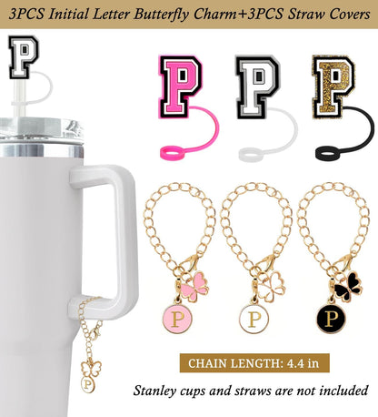 （3 +3) 3PCS Nuozme Straw Cover 10mm For Stanley Tumbler Cup Reusable Straw Cap Topper with 3 Initial Letter Charms Accessories Name ID Personalized Handle Charm For Stanley 30&40 Oz Cup Tumbler - Colors B