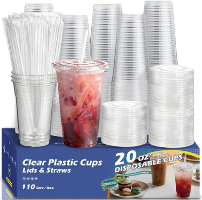 110 Pack Clear Plastic Cups with Lids and Straws, 16 oz Disposable Iced Coffee Cups To Go, BPA-Free Cold Drink Cups for Smoothie, Matcha, Parties, Party