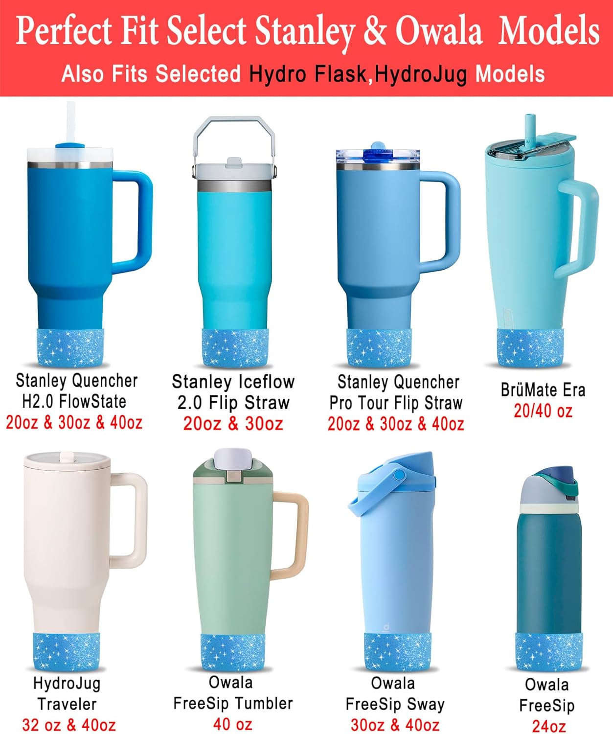 KTKUDY 2 PCS Glitter Silicone Boot Compatible with Stanley Tumbler 20 30 40 oz & Fits Hydro Flask Water Bottle 12-24oz & Fits Yeti, Simple Modern, Owala Cup - Bling Cup Bottom Protector Accessories