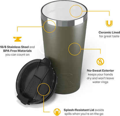 RTIC 16oz Essential Pint Tumbler with Lid, Ceramic Lined, Insulated, Stainless Steel, Metal, Double Wall Vacuum-Insulation, Portable Travel Cup for Beer, Iced Coffee, Tea, Hot and Cold Drink, Olive