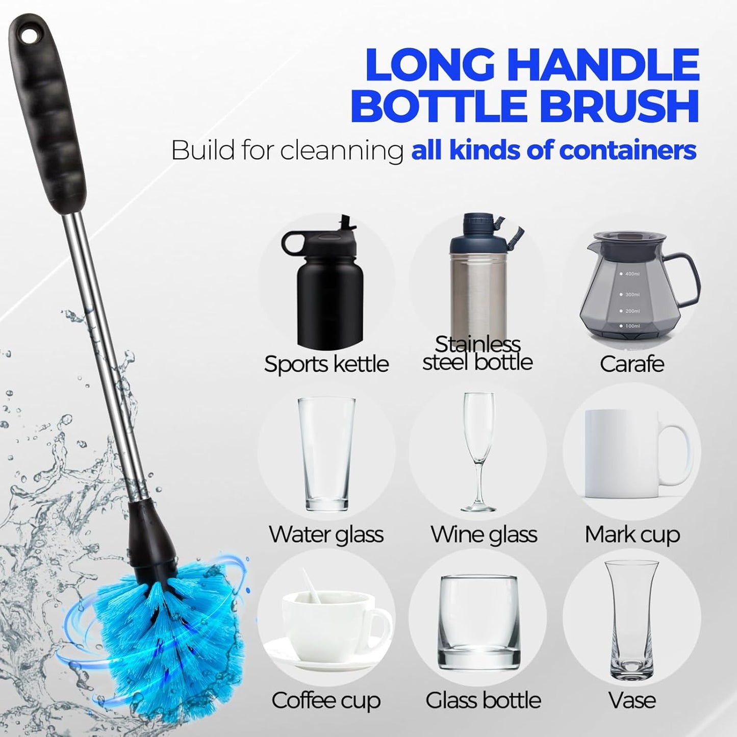 Holikme 6 Pack Bottle Brush Set, 14" Long Handle Stainless Steel Bottle Cleaner Brush, 3 Straw Brushes, 4-in-1 Bottle Cleaning Brush for Water Bottle, Antistatic Lab Brushes Straws, Black