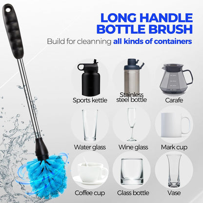 Holikme 6 Pack Bottle Brush Set, 14" Long Handle Stainless Steel Bottle Cleaner Brush, 3 Straw Brushes, 4-in-1 Bottle Cleaning Brush for Water Bottle, Antistatic Lab Brushes Straws, Black