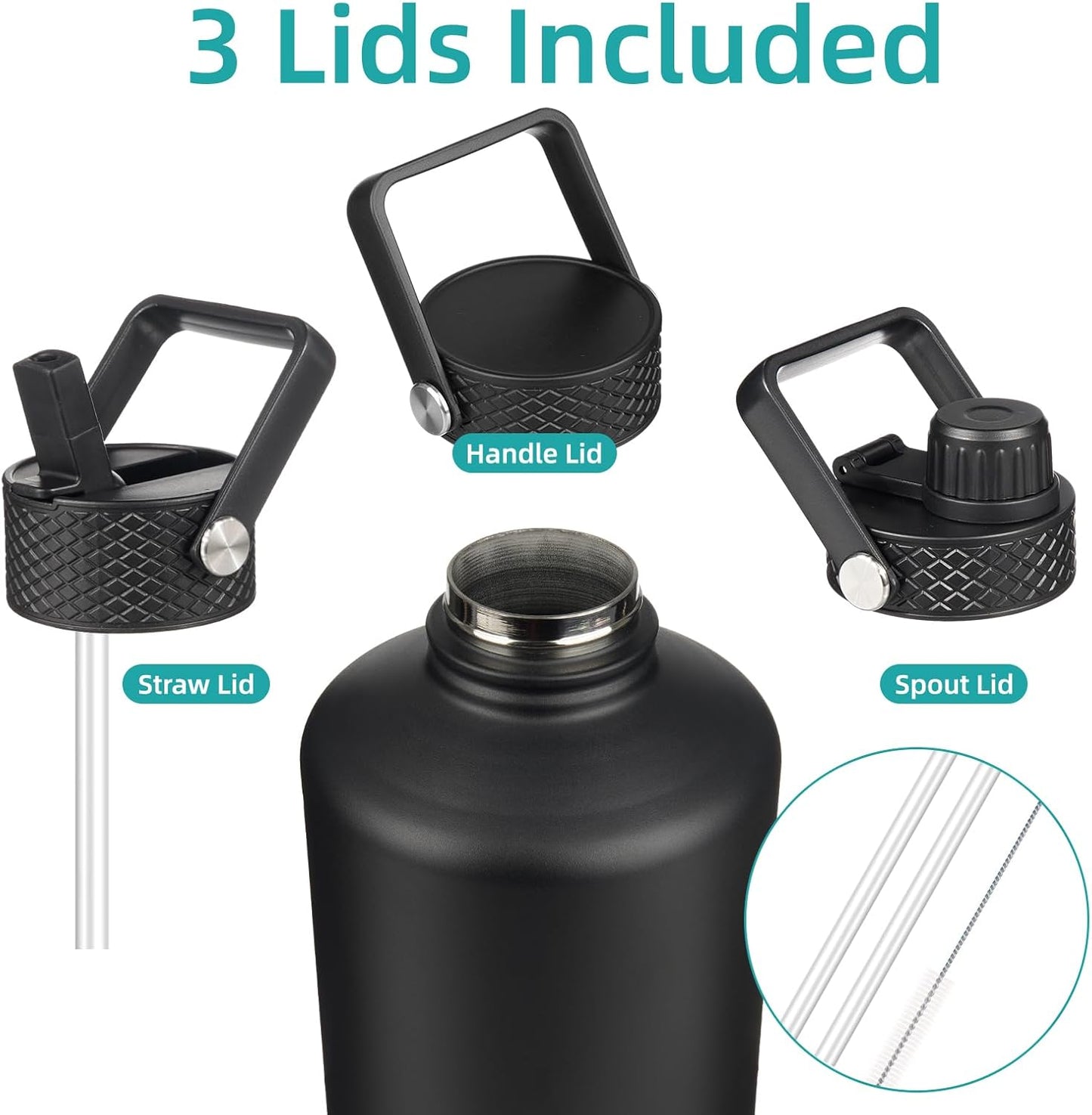 Konokyo 22oz Stainless Steel Bottles with 3 Lids Sport Insulated Water Bottle,Mint