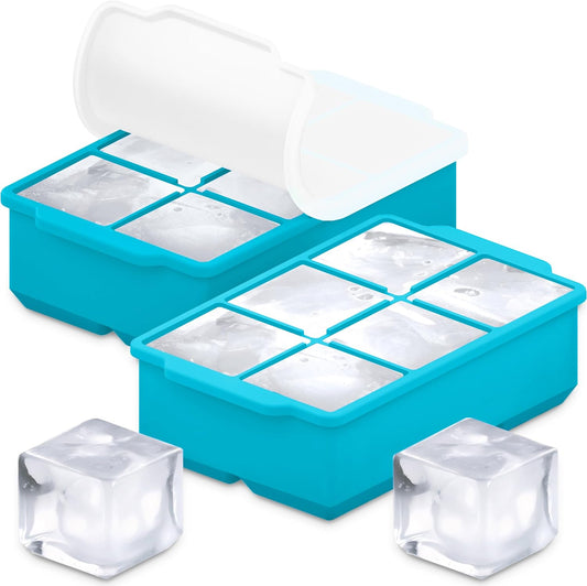 KitchFort Large Silicone Ice Cube Tray (2-Pack), Easy Release 2" Big Ice Cubes - Cocktail, Whiskey Ice Cubes Mold - Ice Trays for Freezer with Lid - Stackable Silicone Ice Tray - Black