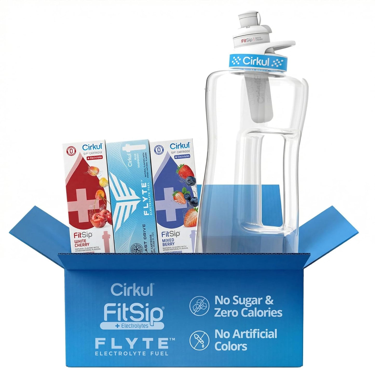Cirkul 22oz. BPA-Free Plastic Water Bottle Starter Kit with Blue Lid, 2 Flavor Cartridges (1 LifeSip Fruit Punch, 1 FitSip Mixed Berry) No Sugar, Zero Calorie Drink Mix