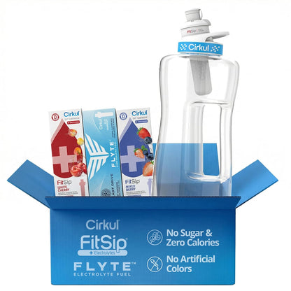 Cirkul 22oz. BPA-Free Plastic Water Bottle Starter Kit with Blue Lid, 2 Flavor Cartridges (1 LifeSip Fruit Punch, 1 FitSip Mixed Berry) No Sugar, Zero Calorie Drink Mix