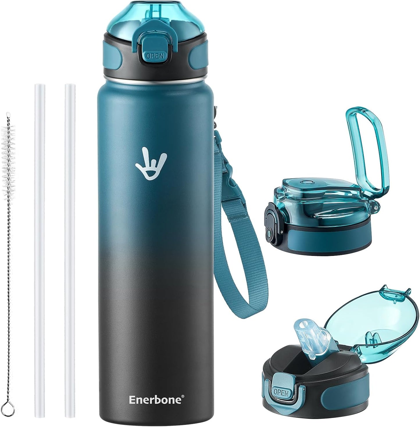 Enerbone 24 oz Insulated Water Bottle, Stainless Steel Bottle with Carrying Strap, Double-Wall Vacuum Insulation Design, Leakproof Sports Bottle with Straw, Keep Drinks Cold or Hot for Hours