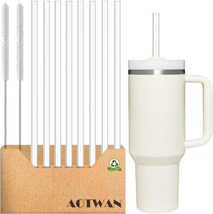 AOTWAN Glass Straws for Stanley 10 Pack 40/30 oz Tumbler,12inch Replacement Straw for Stanley 4 Straight and 4 Bent with 2 Brushesh,Reusable Glass Straws for Stanley Cup