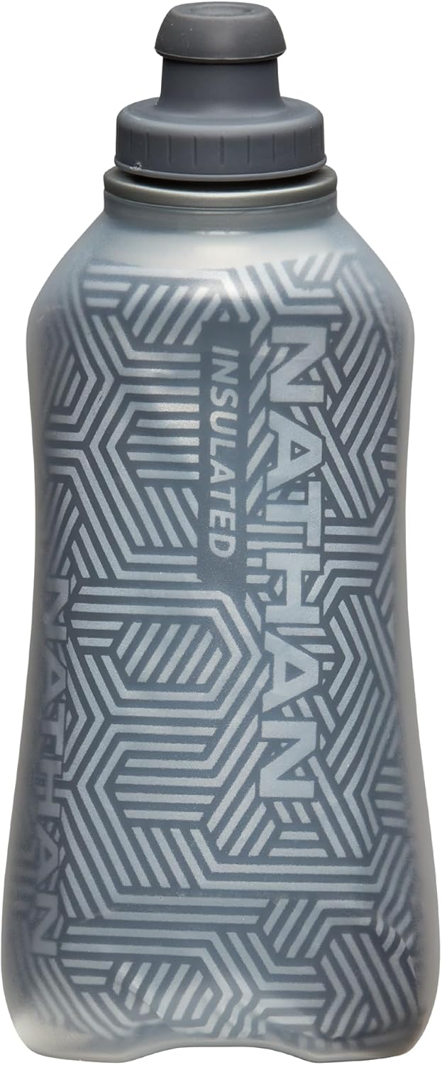 Nathan SpeedDraw 2 Insulated Handheld Running Water Bottle Flask 18oz – Double-Wall Insulation, Ergonomic Grip, Blast Valve Cap, Phone & Key Storage Pockets, Reflective Design