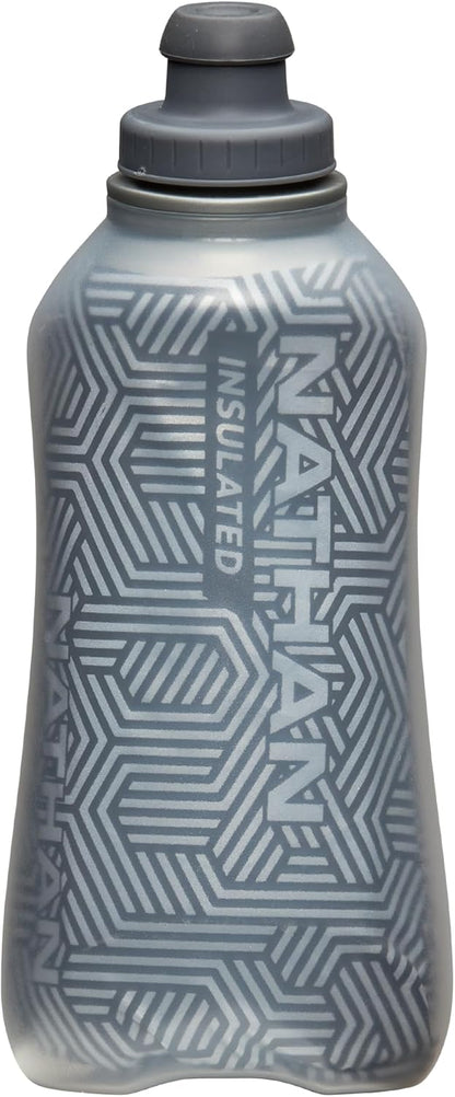 Nathan SpeedDraw 2 Insulated Handheld Running Water Bottle Flask 18oz – Double-Wall Insulation, Ergonomic Grip, Blast Valve Cap, Phone & Key Storage Pockets, Reflective Design