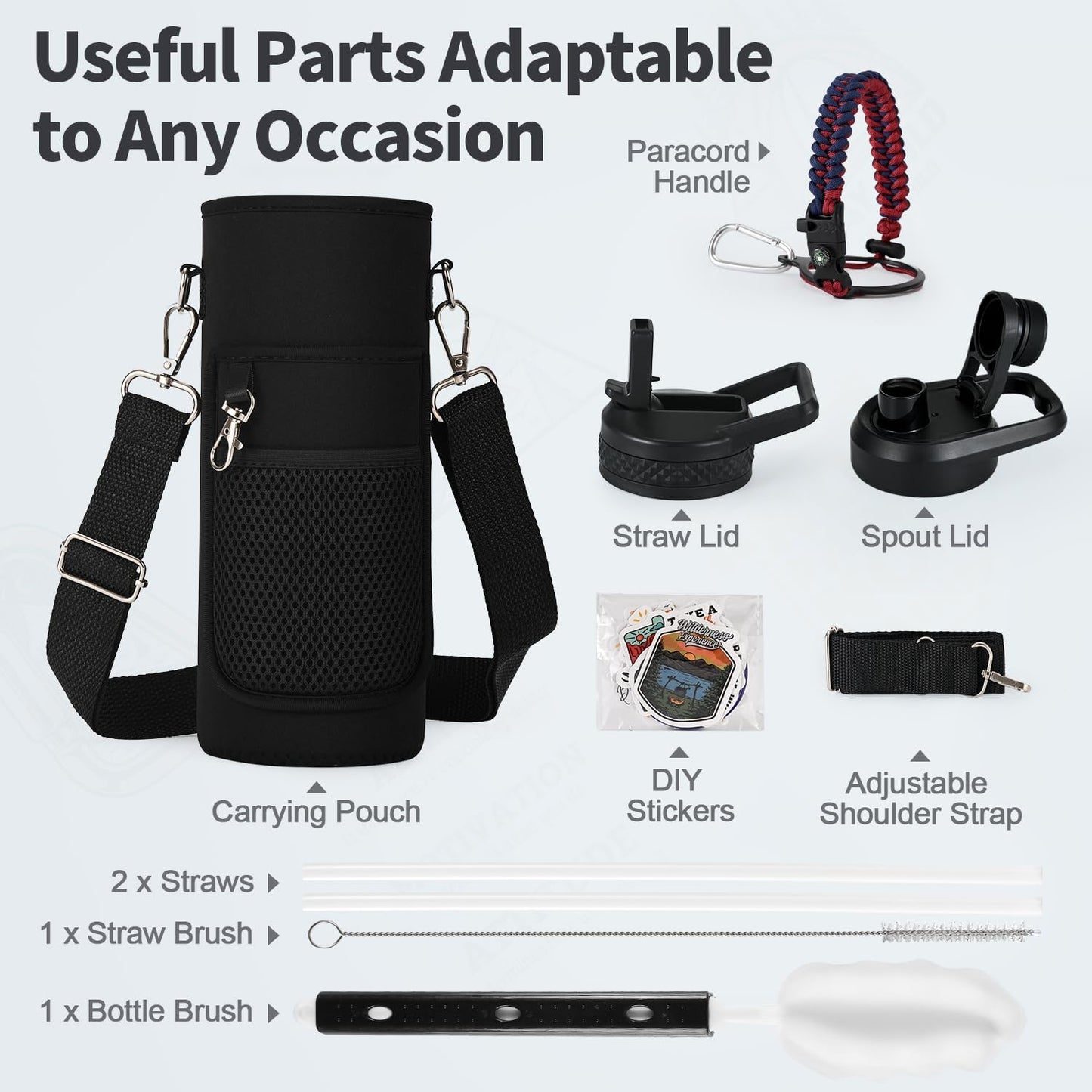 WixByti 40 oz Insulated Water Bottle with Straw (Cold for 36 Hrs), Stainless Steel Triple Wall Vacuum Sports Water Jug, Leakproof Hydro Cup Flask with Paracord Handle & Straw Spout Lids & DIY Stickers