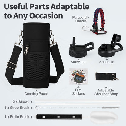 WixByti 40 oz Insulated Water Bottle with Straw (Cold for 36 Hrs), Stainless Steel Triple Wall Vacuum Sports Water Jug, Leakproof Hydro Cup Flask with Paracord Handle & Straw Spout Lids & DIY Stickers