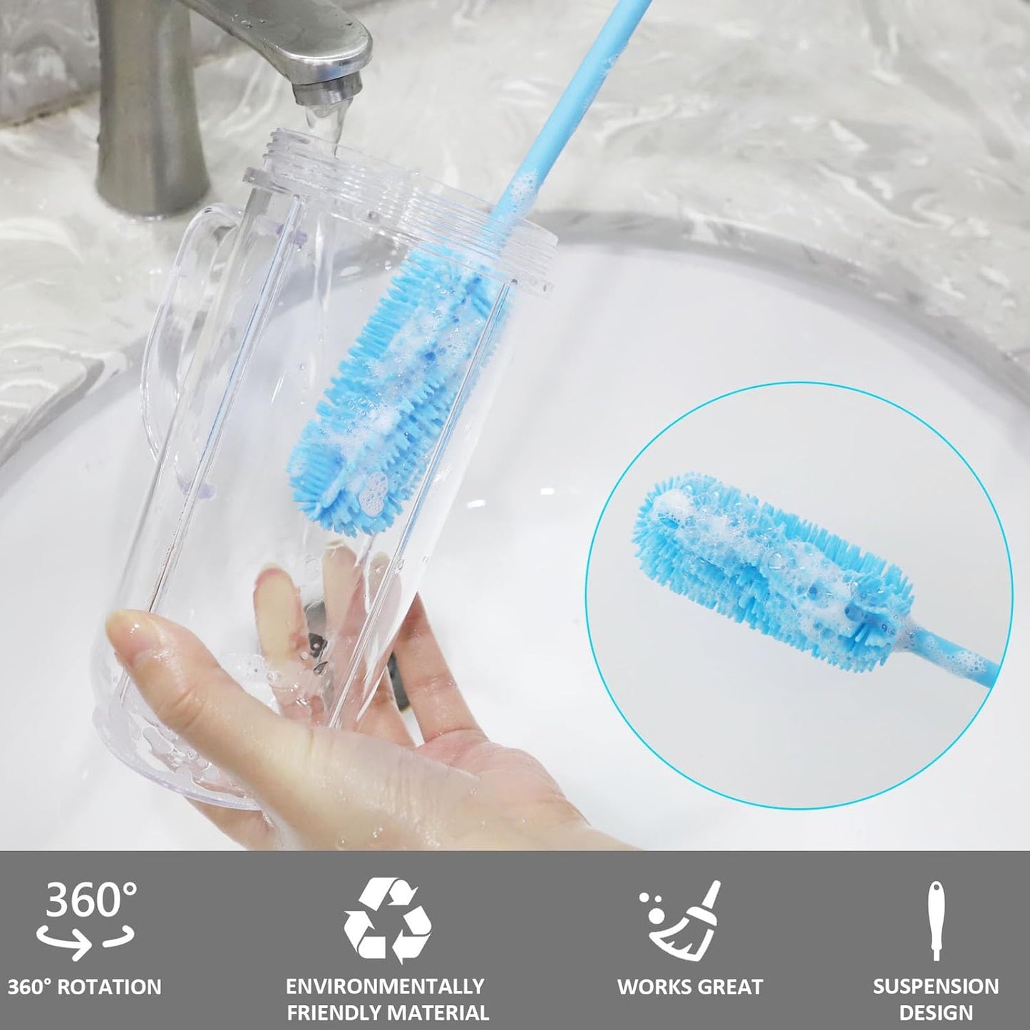 Silicone Bottle Cleaning Brush with Long Handle, 12.5" Water Bottle Cleaner for Baby Bottles, Hydro Flask, Sports Bottle, Vase, Glassware, Perfect for Smaller Diameter Bottle Openings (One Pack)