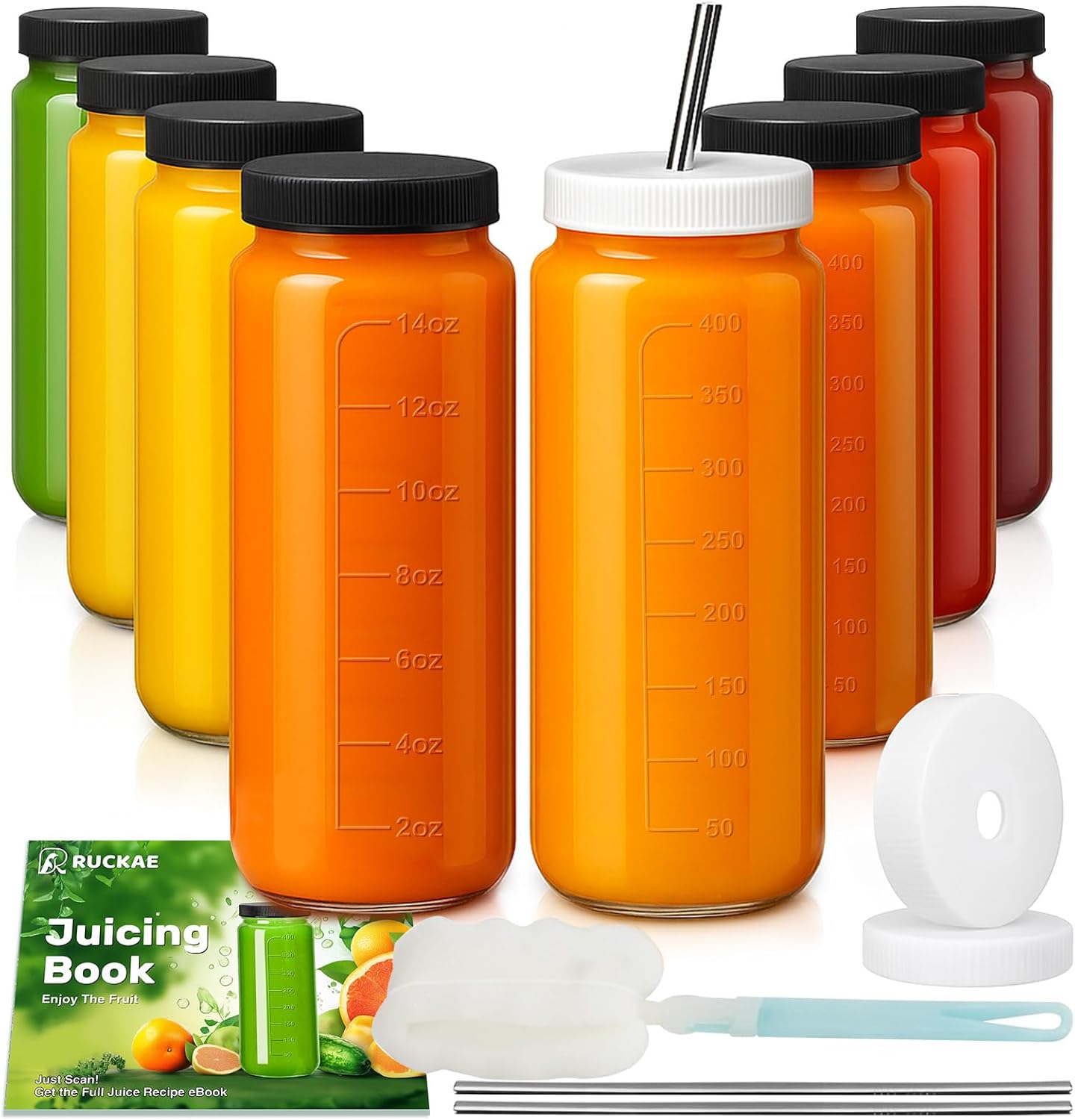 Ruckae 16oz 10 Pack Juice Bottles, Glass Bottles with Lids, Smoothie Cup Lids and Straws, Water Bottle Mason Jar Drinking Glasses for Juicing, Smoothies, Kombucha