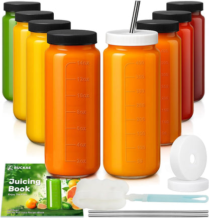 Ruckae 16oz 10 Pack Juice Bottles, Glass Bottles with Lids, Smoothie Cup Lids and Straws, Water Bottle Mason Jar Drinking Glasses for Juicing, Smoothies, Kombucha
