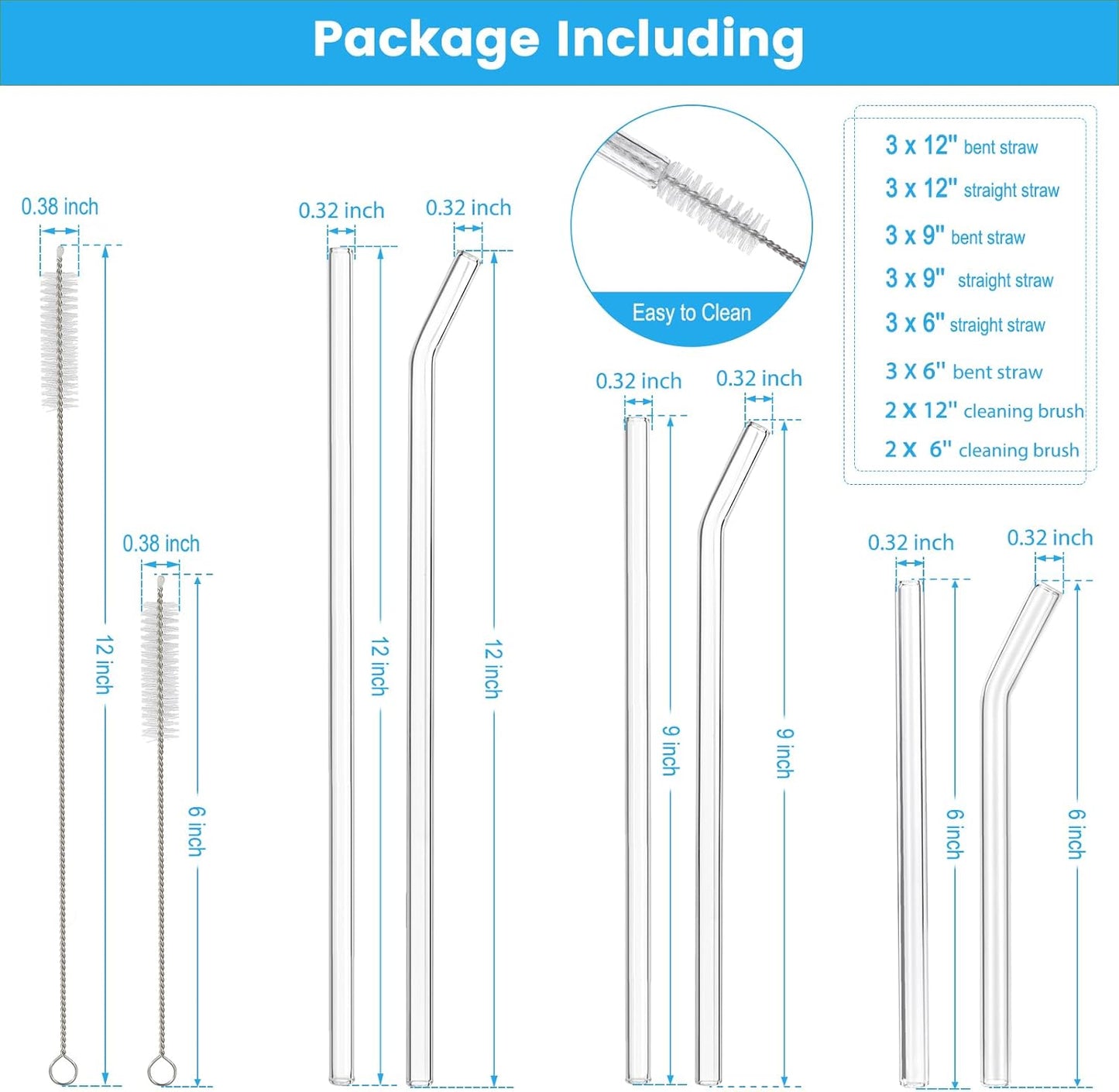 [22 Pcs] Reusable Glass Straws Shatter Resistant - Size 12"x8mm,9"x8mm,6"x8mm Including 9 Straight and 9 Bent Clear Glass Straws with 4 Cleaning Brush for 20 30 40 oz Tumblers,Cocktail,Coffee,Juice