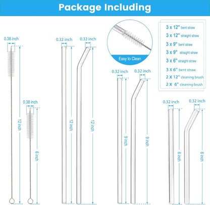 [22 Pcs] Reusable Glass Straws Shatter Resistant - Size 12"x8mm,9"x8mm,6"x8mm Including 9 Straight and 9 Bent Clear Glass Straws with 4 Cleaning Brush for 20 30 40 oz Tumblers,Cocktail,Coffee,Juice