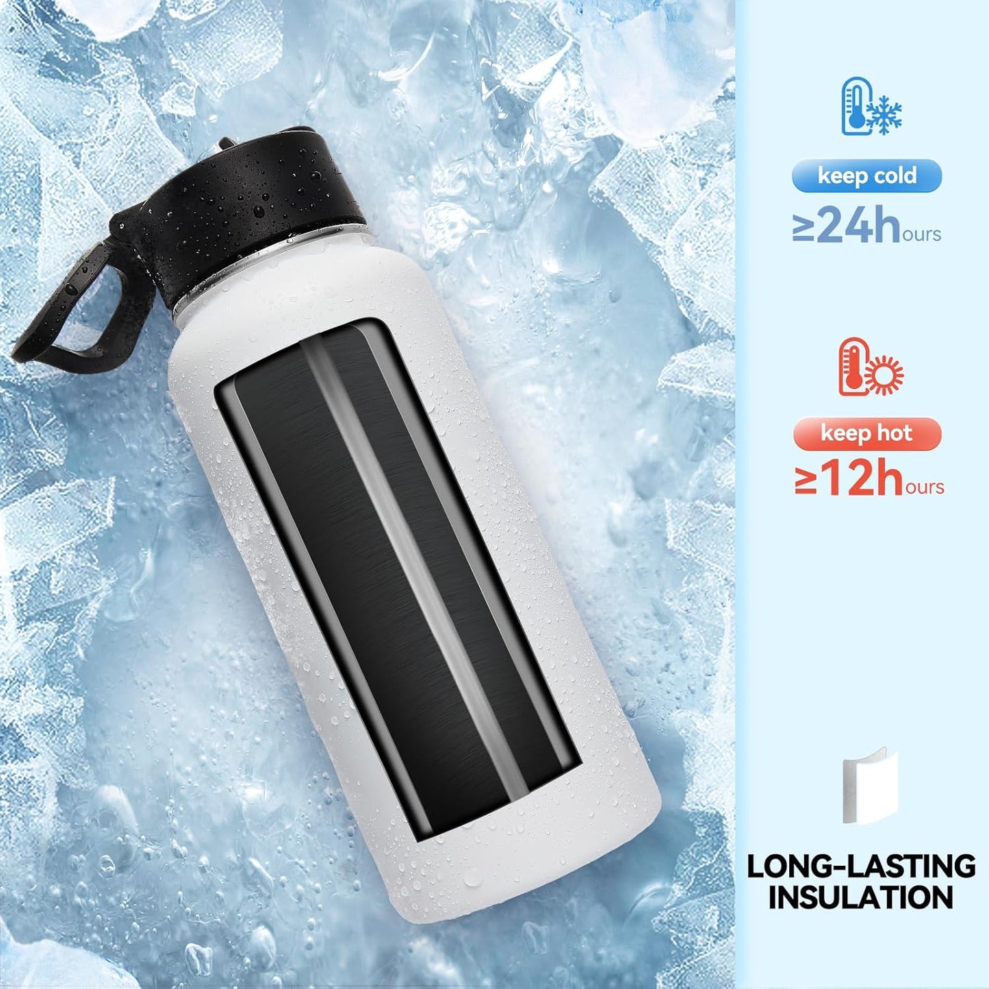 Neihepal 32 oz Insulated Water Bottle with 2 Lids (Straw & Spout Lid), 18/8 Stainless Steel Double Wall Water Bottles for Gym, Travel, Camping, Sports (Silver,1 Pack)