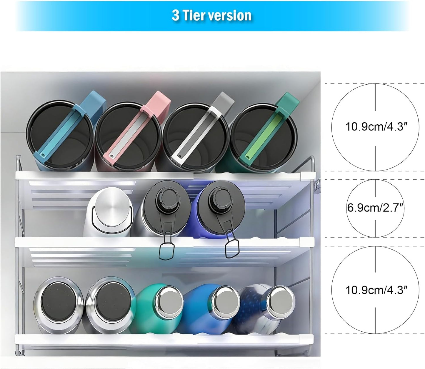 YAN & HIN Expandable Water Bottle Organizer for Cabinet, 3 Tier Tumbler Organizer, Adjustable Bottle Holder, Kitchen Pantry Storage Rack