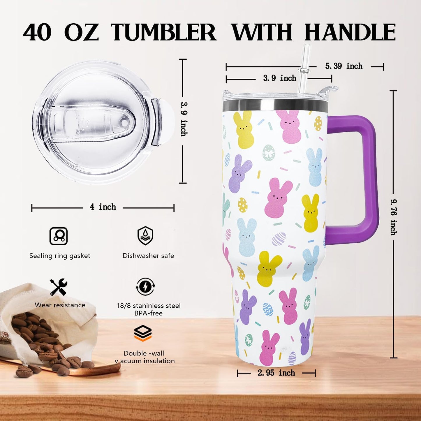 Ceovfoi 40 oz Pickleball Coffee Mug Vacuum Insulated Travel Tumbler with Handle, Lid & Straw - Perfect Pickleball Gifts for Players, Coaches, Lovers | Pickleball Accessories