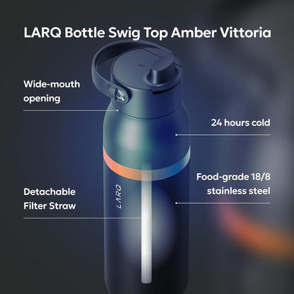 LARQ Swig Top — Insulated Stainless Steel Water Bottle with Straw, Detachable Silicone Handle, Vacuum 24h Cold, BPA-Free Metal Bottle for Gym, Travel, Office, Wide Mouth for Ice — 23 oz, Mojave Dune