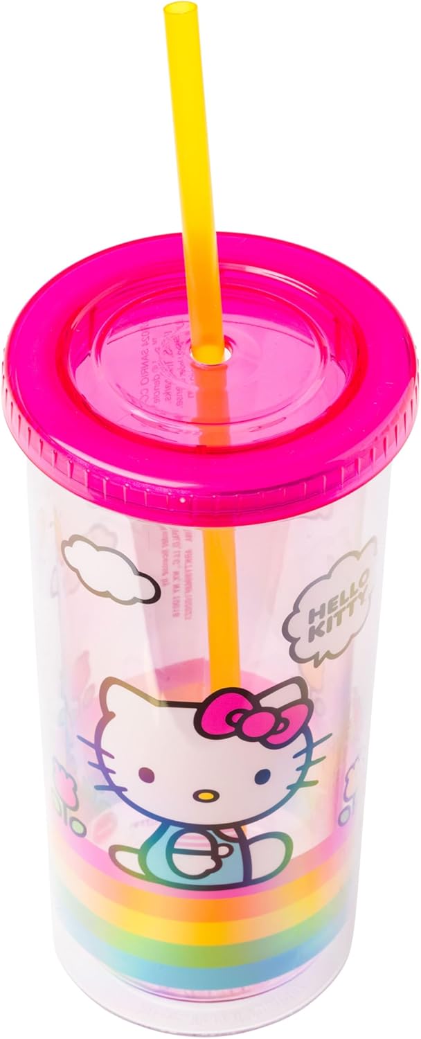 Silver Buffalo Sanrio Hello Kitty Milk Carton Pattern Plastic Boba Tumbler w Lid and Wide Straw, 24 Ounces