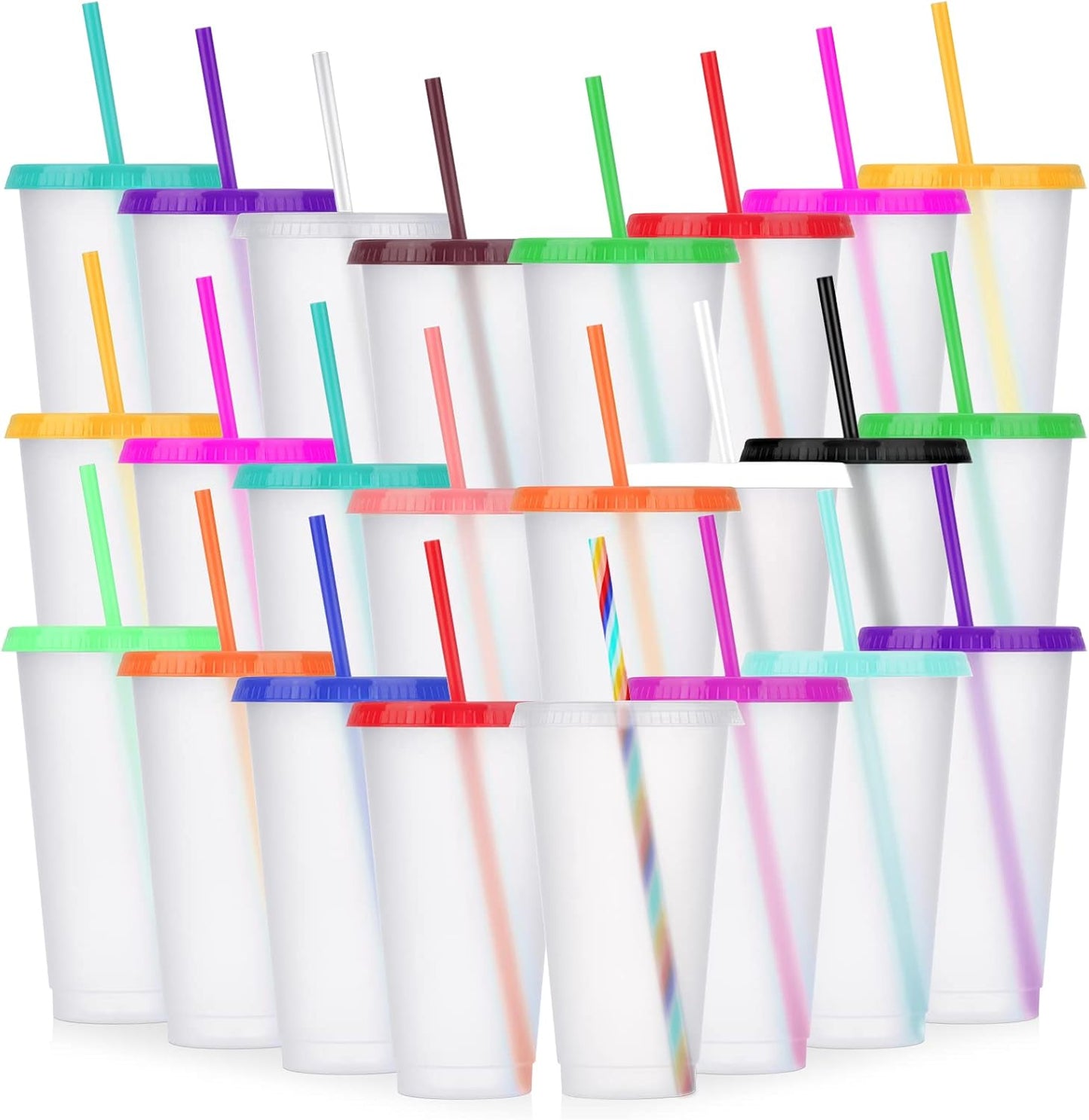 24 Pack Plastic Tumblers with Lids and Straw, Reusable Cups with Lids and Straws Colorful Cups for Cold Drink Iced Coffee, Plastic Tumbler Bulk for Party Birthday Gifts (24 oz, Stylish Colors)