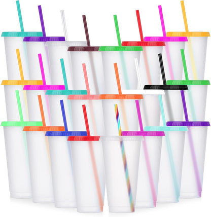 24 Pack Plastic Tumblers with Lids and Straw, Reusable Cups with Lids and Straws Colorful Cups for Cold Drink Iced Coffee, Plastic Tumbler Bulk for Party Birthday Gifts (24 oz, Stylish Colors)
