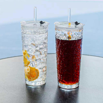 SUROQUE 20oz Ribbed Glass Tumblers with Lids & Straws, Ideal for Iced Coffee, Cocktails & More - Includes Cleaning Brush