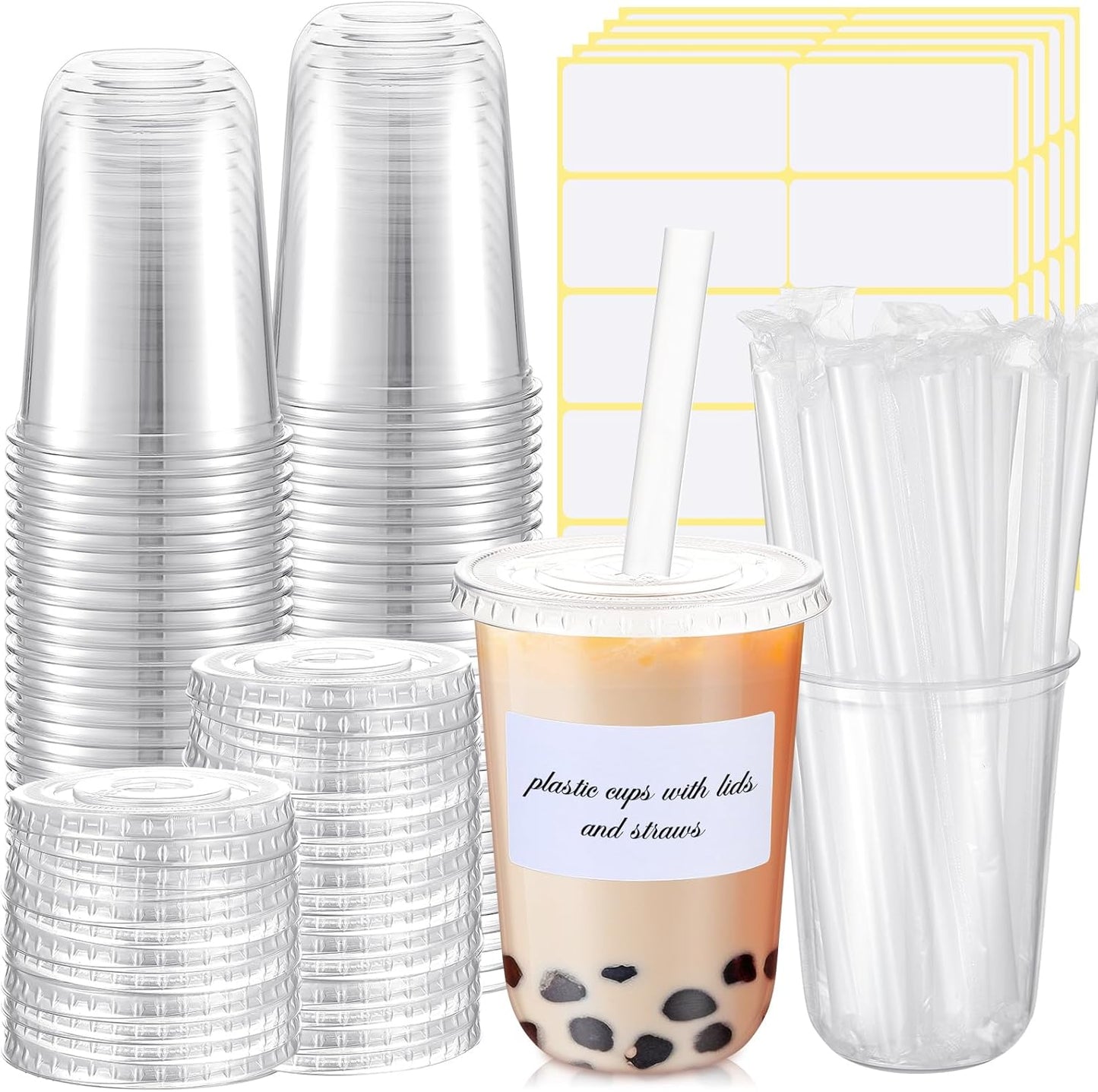 Ziliny 50 Sets Crystal Clear Plastic Cups with Lids, Straws and Stickers, Disposable Iced Coffee Cups Thickened PET for Iced Coffee, Bubble BobaTea, Smoothie, Cold Drinks, Juice, Shops (12 oz)