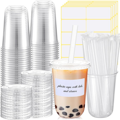 Ziliny 50 Sets Crystal Clear Plastic Cups with Lids, Straws and Stickers, Disposable Iced Coffee Cups Thickened PET for Iced Coffee, Bubble BobaTea, Smoothie, Cold Drinks, Juice, Shops (12 oz)